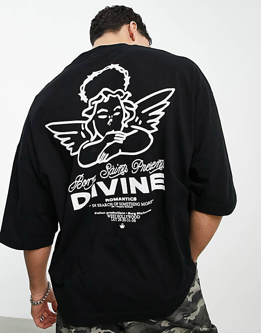  oversized t-shirt in black with cherub back print 