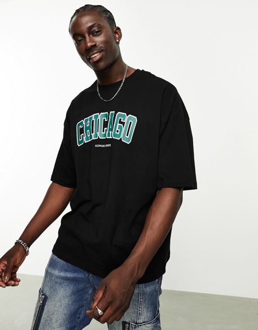 ASOS Design Oversized T-Shirt in Black with Chicago Front Print