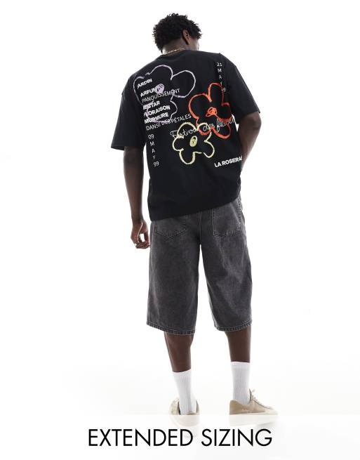 FhyzicsShops DESIGN oversized t-shirt in black with floral back Trunks