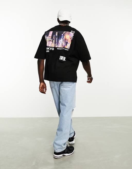 ASOS DESIGN oversized T-shirt in black with photographic spine