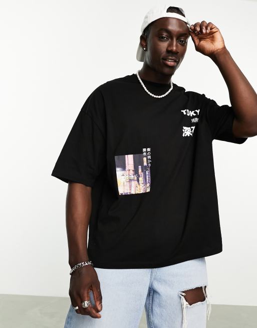 ASOS DESIGN oversized T-shirt in black with photographic spine