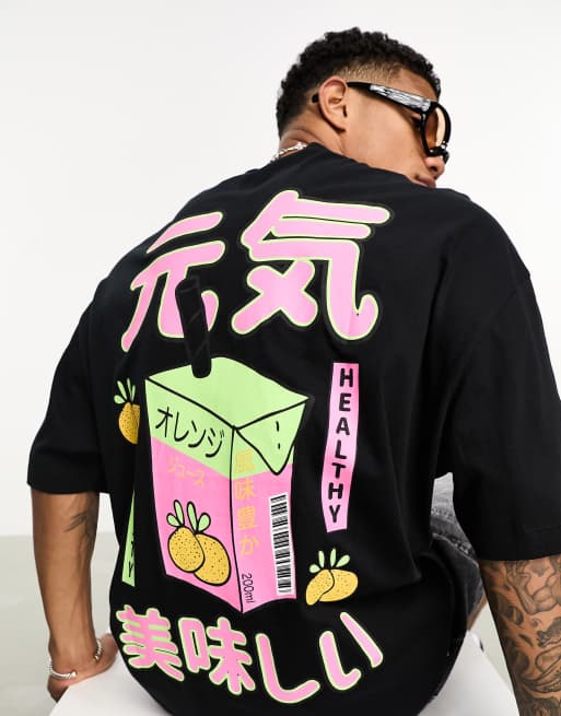 ASOS DESIGN oversized t-shirt in black with juice cartoon back