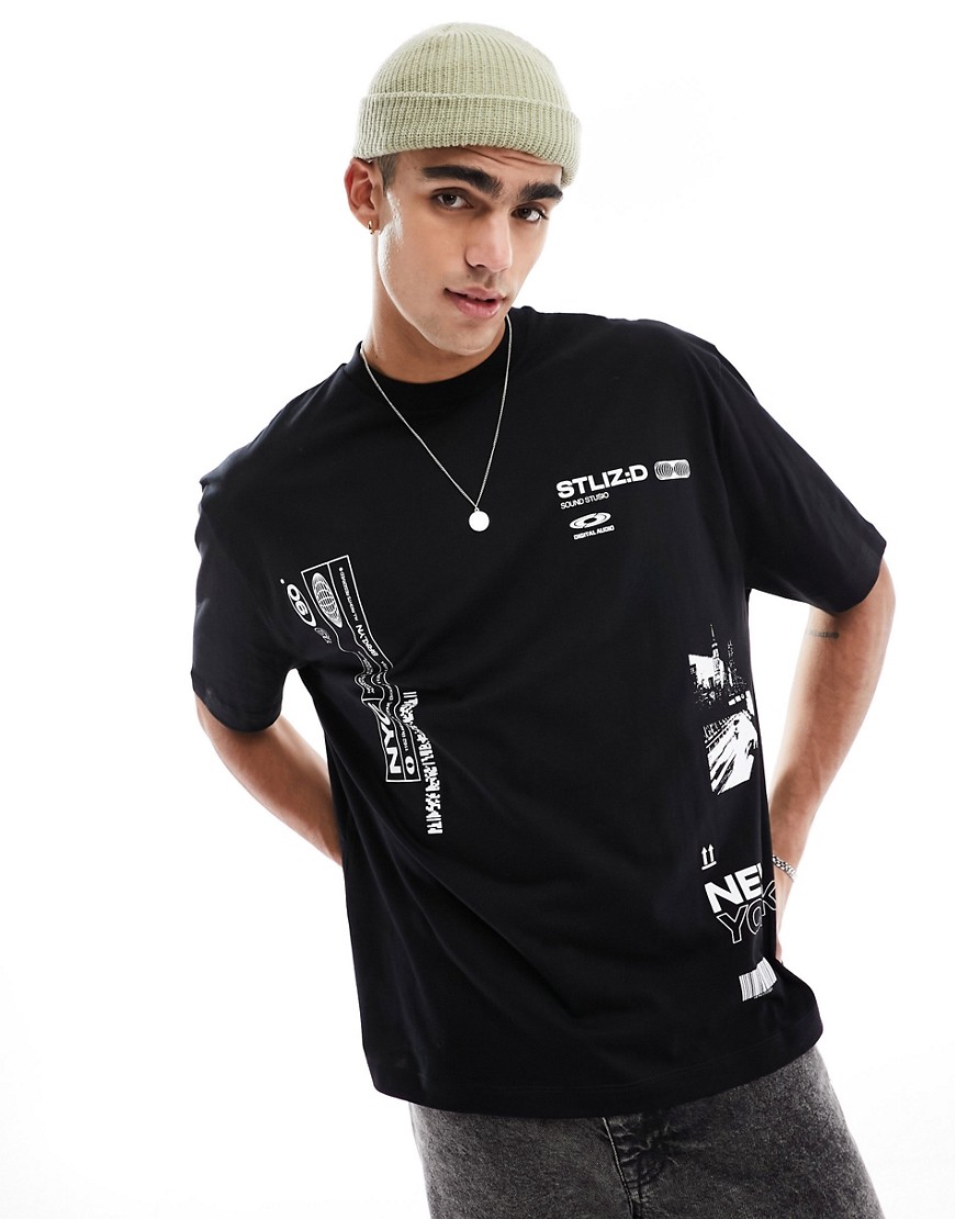 ASOS DESIGN oversized t-shirt in black with multi placement prints