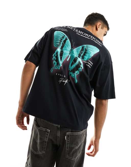 ASOS DESIGN oversized T-shirt in black with photographic butterfly