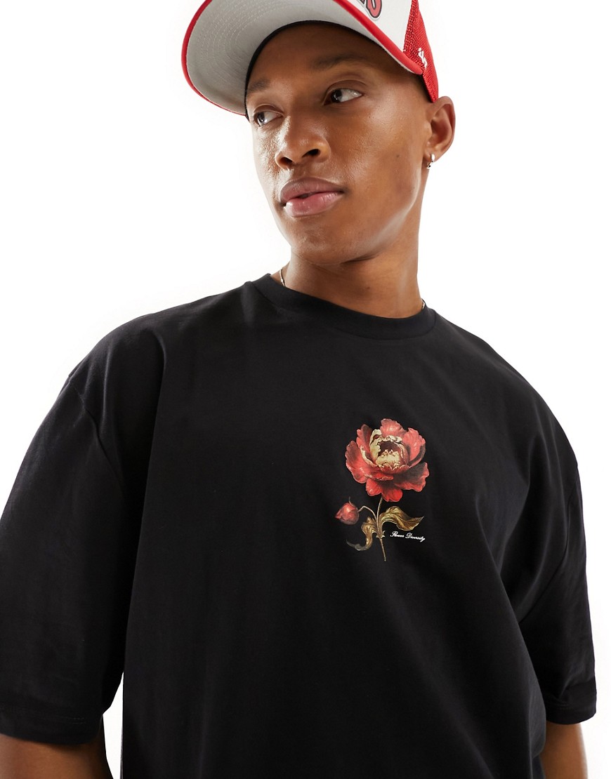 ASOS DESIGN oversized t-shirt in black with rose chest print
