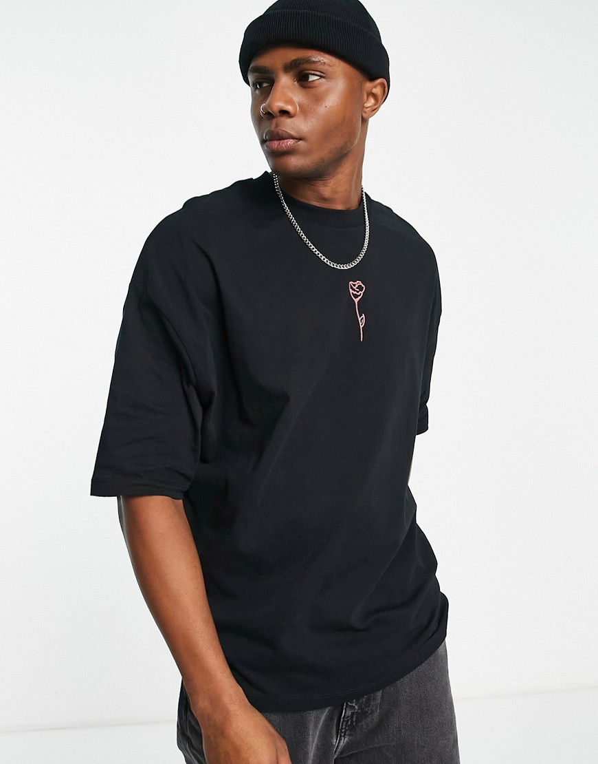 Asos Design Oversized T-shirt In Black With Rose Print