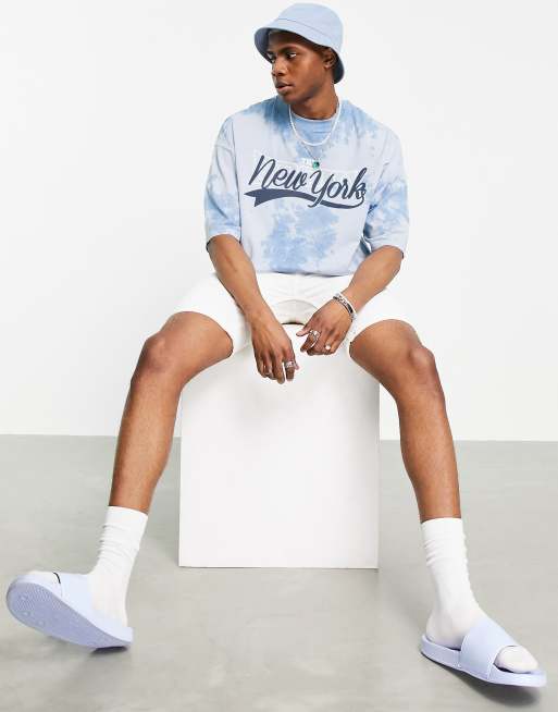 ASOS DESIGN Oversized T-Shirt In Blue Acid Wash With New York City