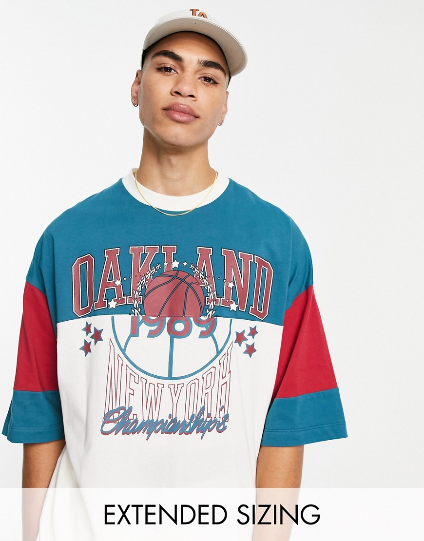 ASOS DESIGN oversized t-shirt in blue and ecru color block with Oakland city print-Neutral