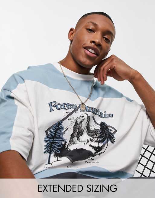 ASOS DESIGN oversized t-shirt in blue and ecru color block with print