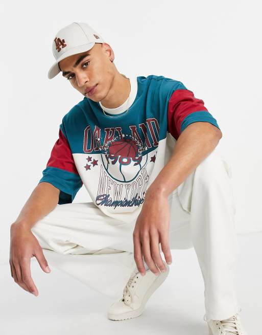 ASOS DESIGN oversized t-shirt in blue and ecru colour block with Oakland city print, 2 of 4
