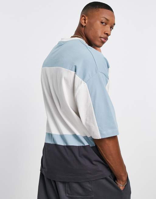 ASOS DESIGN oversized t-shirt in blue and ecru colour block with print ...