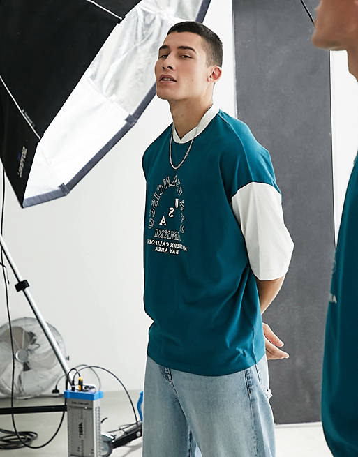 oversized t-shirt in blue and ecru colour block with San Francisco city print 