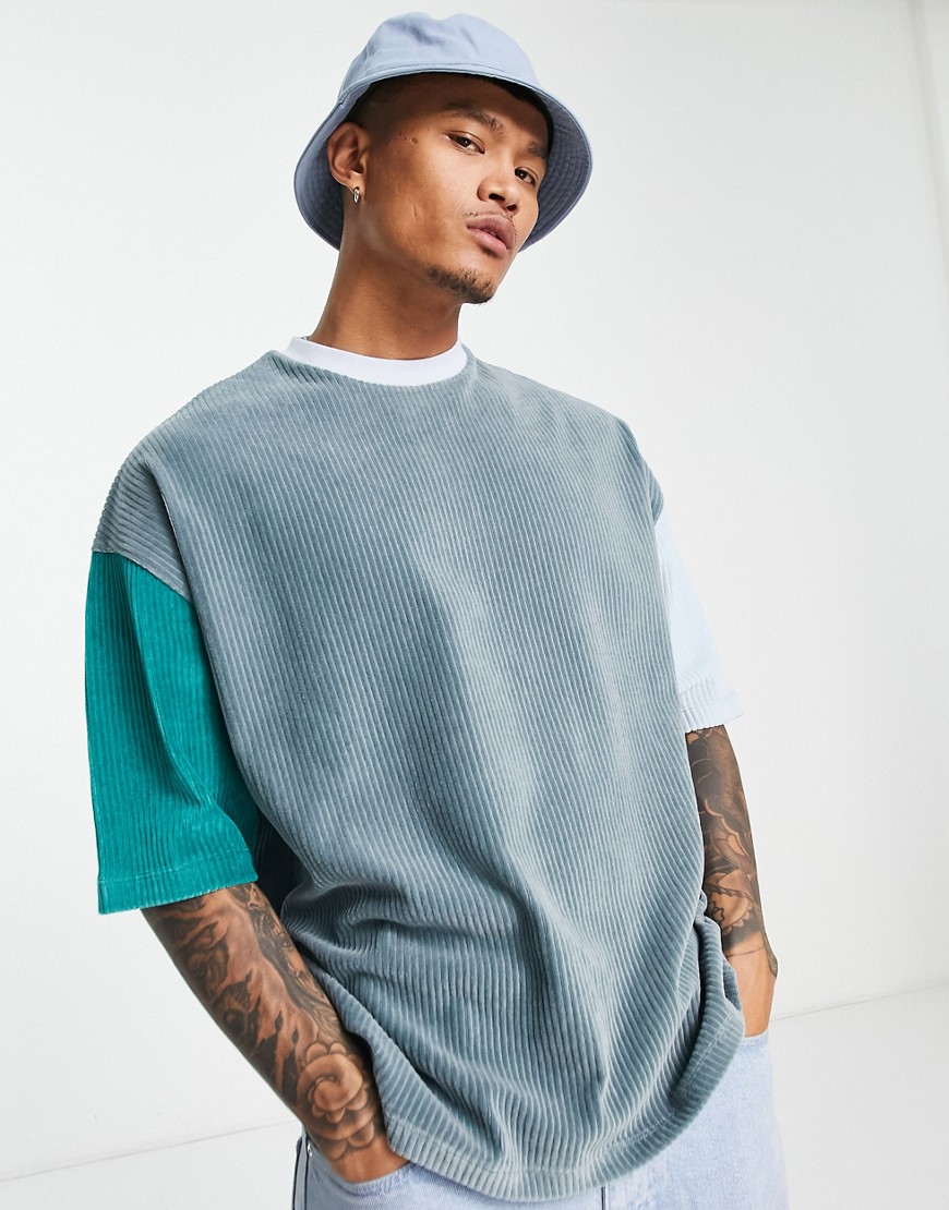 ASOS DESIGN oversized T-shirt in blue and green ribbed velour color block