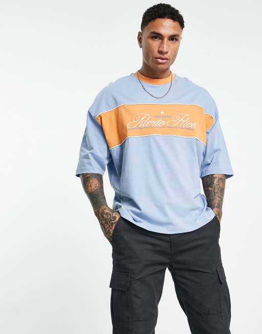 ASOS DESIGN oversized t-shirt in blue and orange colour block with Puerto Rico city print