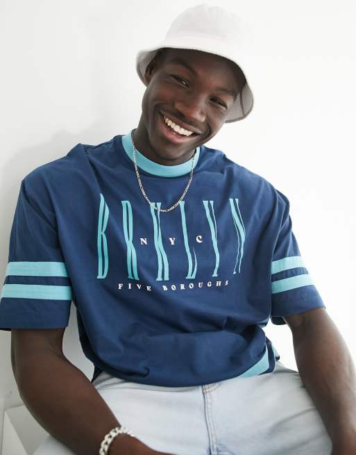 ASOS DESIGN oversized T-shirt in blue color block with Brooklyn city print