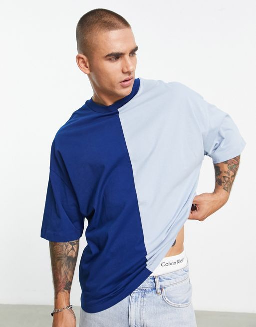 ASOS Design Oversized T-Shirt in White and Blue Color Block with New York City Print