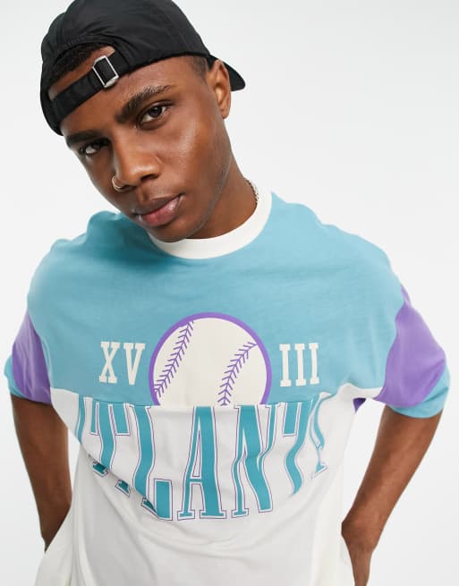 ASOS DESIGN oversized t-shirt in blue & ecru colour block with Atlanta city print, 2 of 4