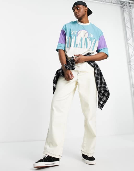 ASOS DESIGN oversized t-shirt in blue & ecru colour block with Atlanta city print, 4 of 4