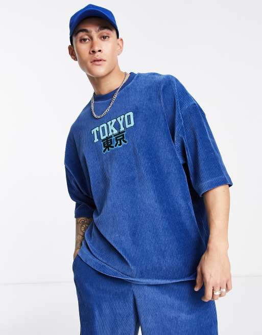 Asos Design Oversized T Shirt In Blue Ribbed Velour With Tokyo City