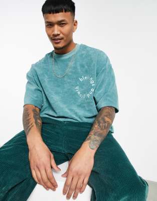 ASOS DESIGN oversized T-shirt in blue terry cloth with text chest print