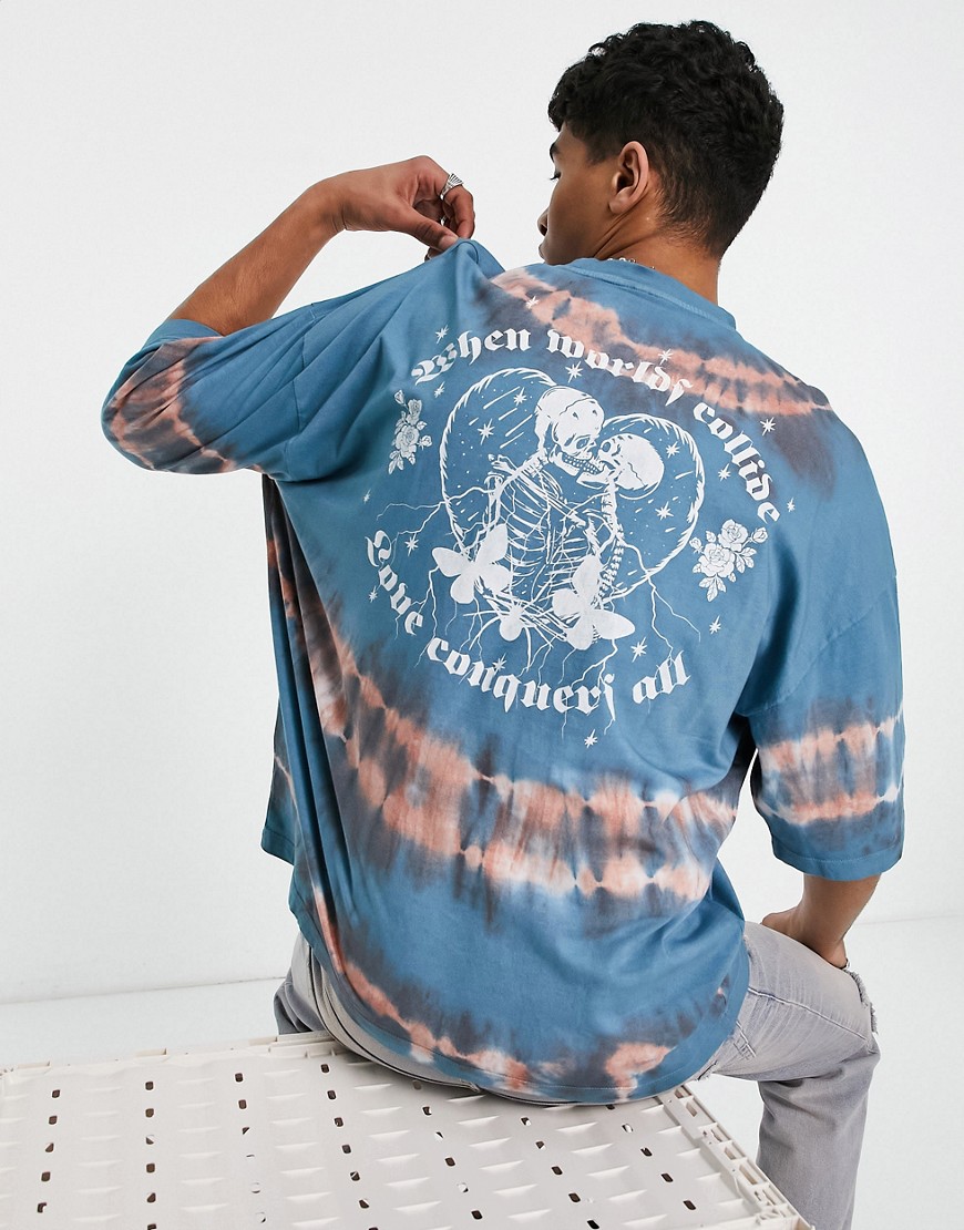 ASOS DESIGN oversized t-shirt in blue tie dye with skeleton back print-Black