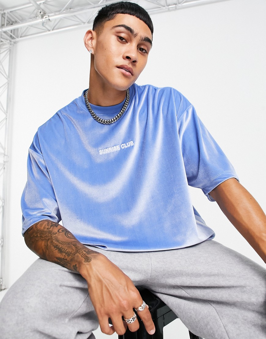 ASOS DESIGN oversized t-shirt in blue velour with chest embroidery-Blues