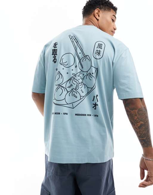 ASOS DESIGN oversized t-shirt in blue with back dumpling print