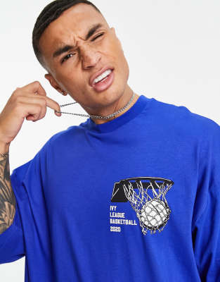 ASOS DESIGN OVERSIZED T-SHIRT IN BLUE WITH CHEST BASKETBALL PRINT-BLUES PIMMS EPP