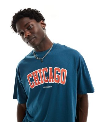 ASOS DESIGN oversized t-shirt in blue with Chicago city print - ASOS Price Checker