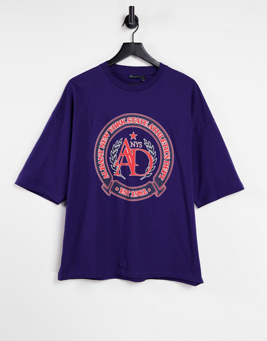 ASOS DESIGN oversized T-shirt in blue with collegiate print-Purple