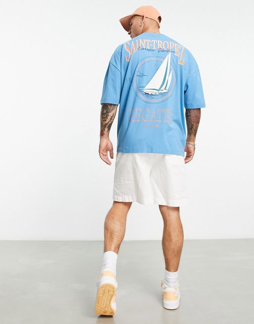 ASOS DESIGN oversized t-shirt in white with blue multi placement print