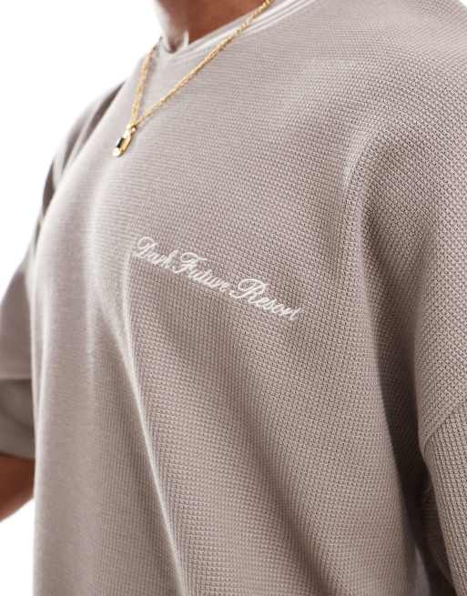 ASOS DESIGN oversized t-shirt in brown waffle with tipped neck and text chest print, 3 of 4