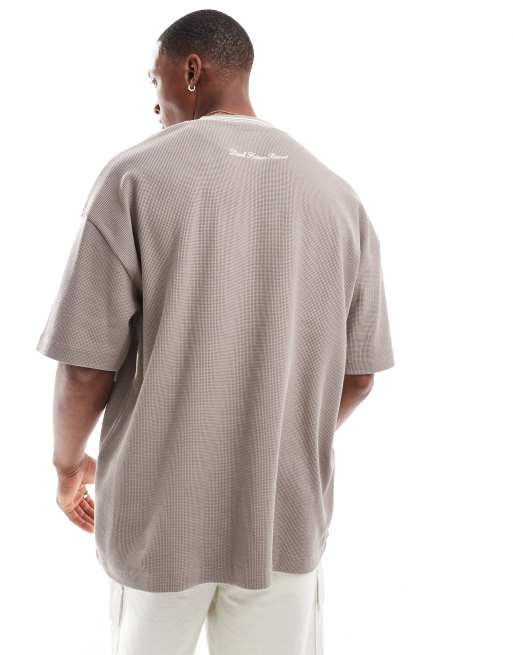 ASOS DESIGN oversized t-shirt in brown waffle with tipped neck and text chest print, 4 of 4
