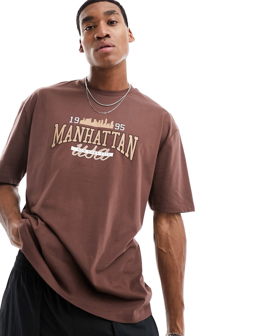 ASOS DESIGN oversized t-shirt in brown with collegiate front print