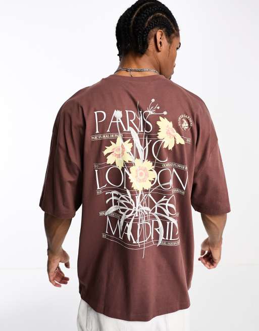 ASOS DESIGN oversized t-shirt in brown with floral back graphic