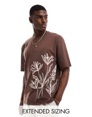 ASOS DESIGN oversized t-shirt in brown with floral side print