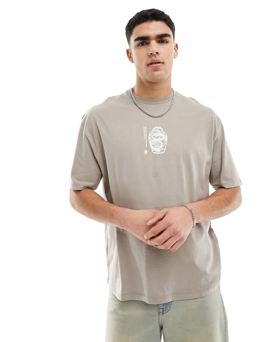 ASOS DESIGN oversized t-shirt in brown with vase chest print