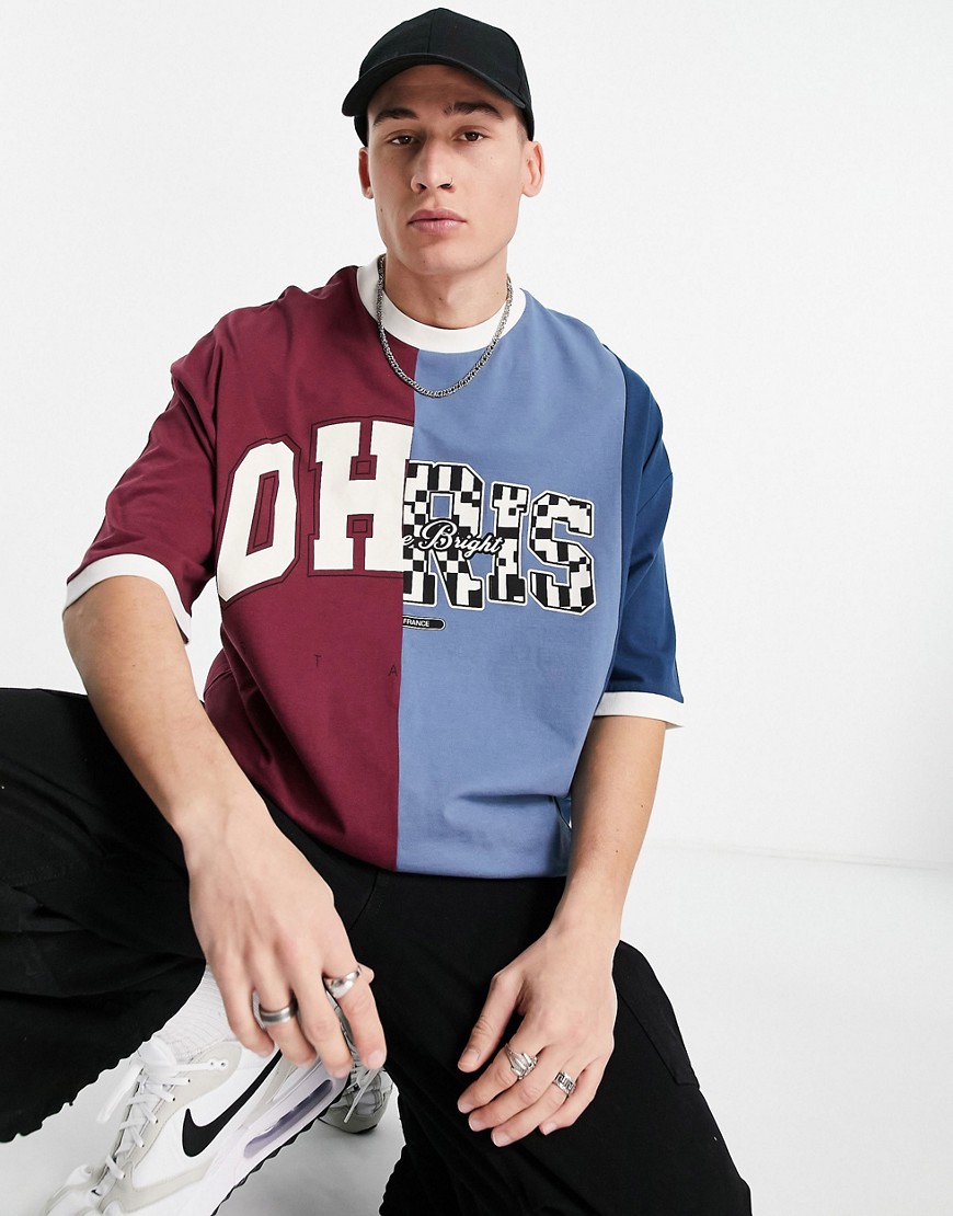 ASOS DESIGN oversized T-shirt in burgundy and blue color block with city prints-Red