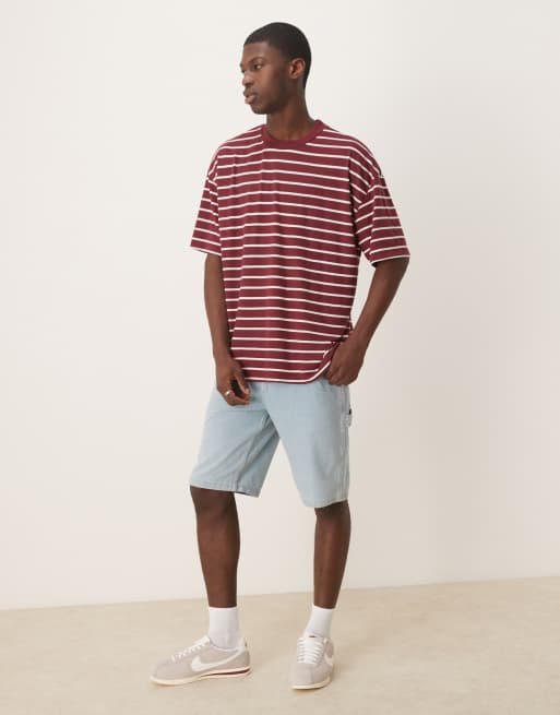 ASOS DESIGN oversized t-shirt in burgundy and white stripe