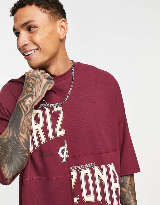 ASOS DESIGN oversized t-shirt in burgundy colour block with Arizona city print