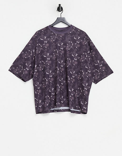 ASOS DESIGN oversized t-shirt in burgundy with all over bird and floral ...