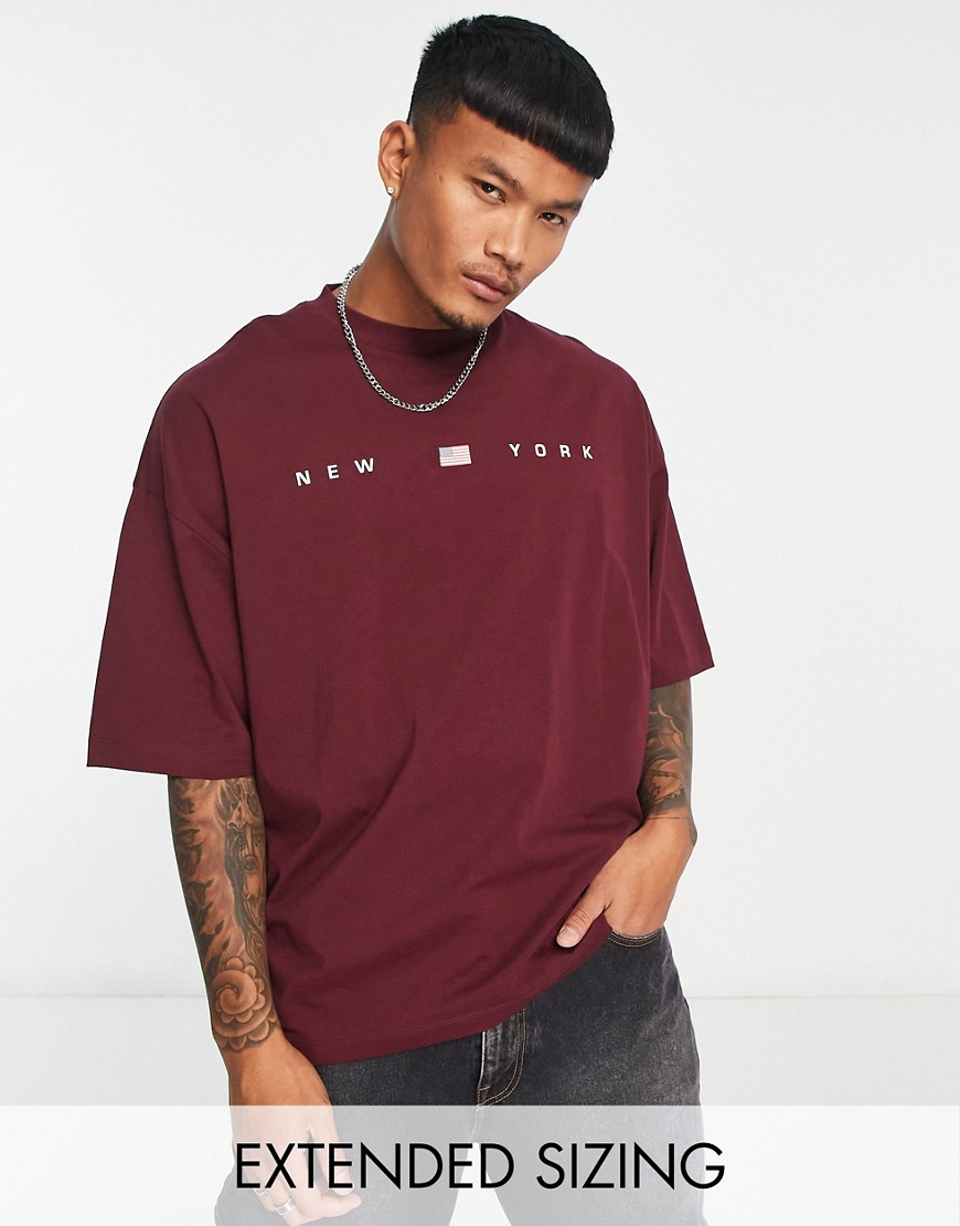 ASOS DESIGN oversized t-shirt in burgundy with New York City print-Red