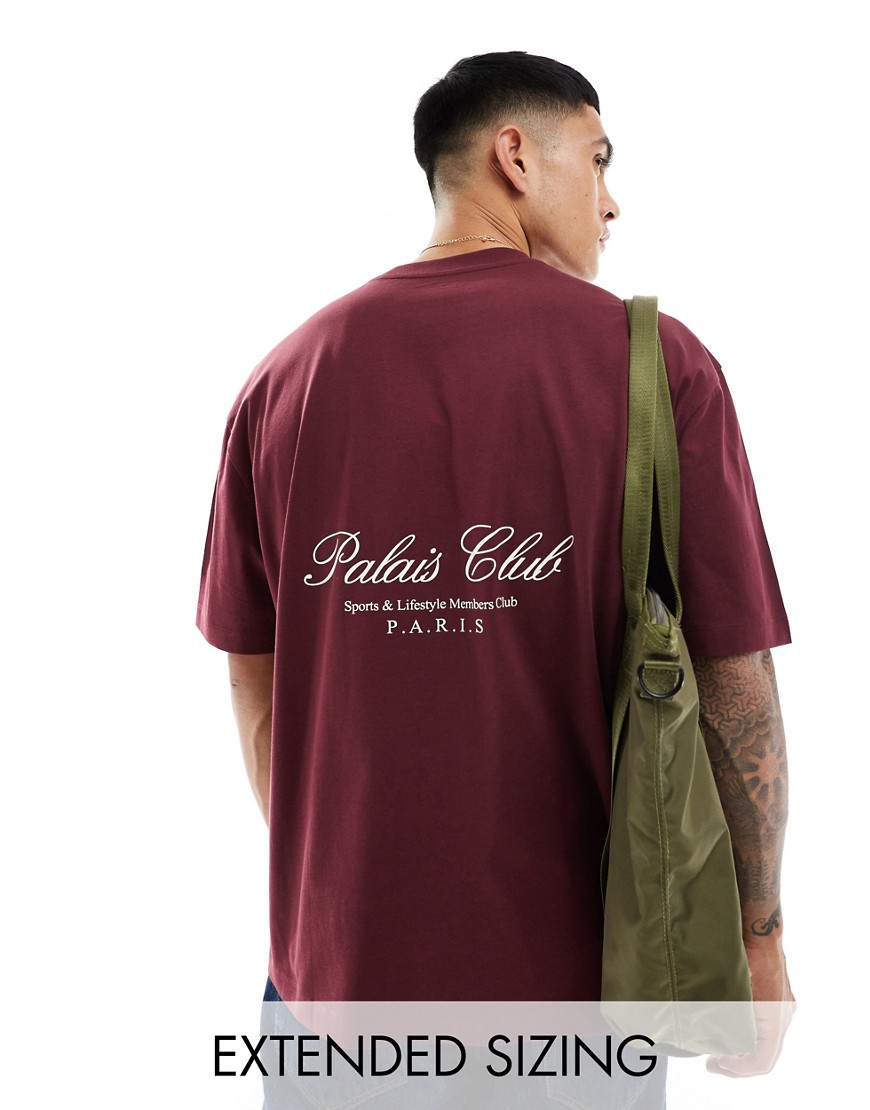 ASOS DESIGN oversized t-shirt in burgundy with Paris text back print-Red