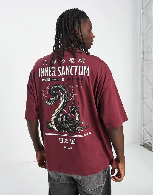 ASOS DESIGN oversized t shirt in burgundy with snake back print