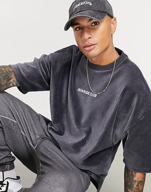  oversized t-shirt in charcoal velour rib cord with text embroidery 