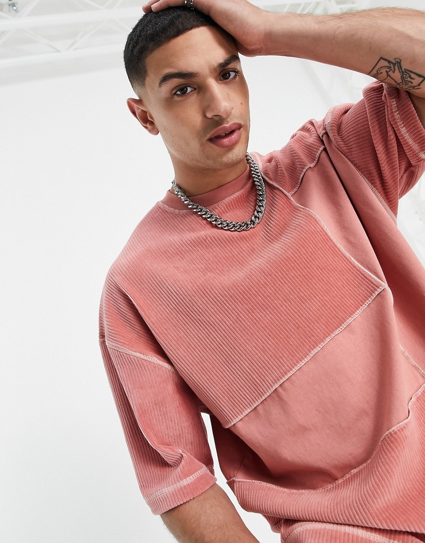 ASOS DESIGN oversized t-shirt in color block pink ribbed velour