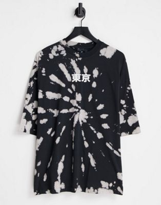 ASOS DESIGN oversized t-shirt in cream & black bleach wash tie dye with chest print