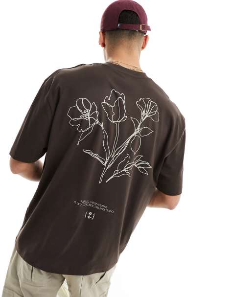 ASOS DESIGN oversized t-shirt in dark brown with floral line drawing back print - view 1
