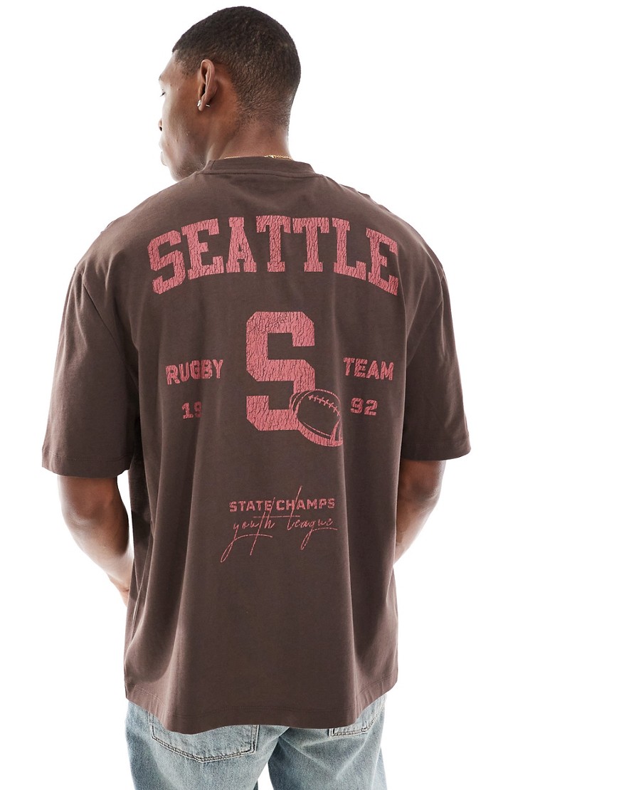 ASOS DESIGN oversized t-shirt in dark brown with Seattle sport back print