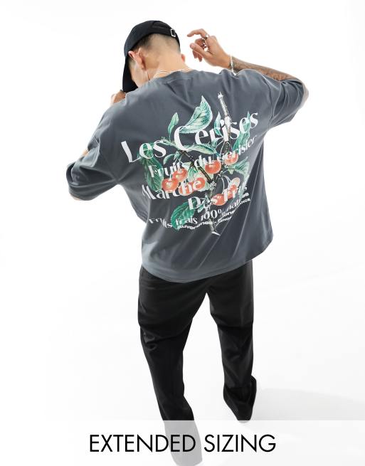 ASOS DESIGN oversized t-shirt in dark gray with back fruit print
